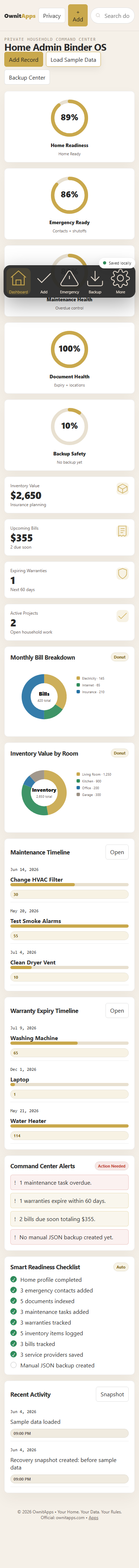 Home Admin Binder OS dashboard mobile screenshot